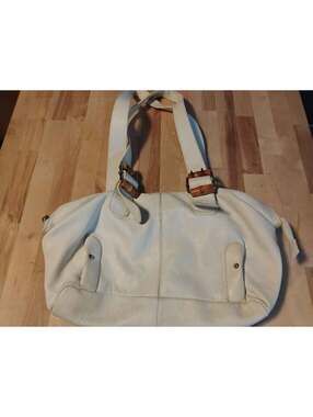 White Leather Shoulder Bag with Bamboo Accents